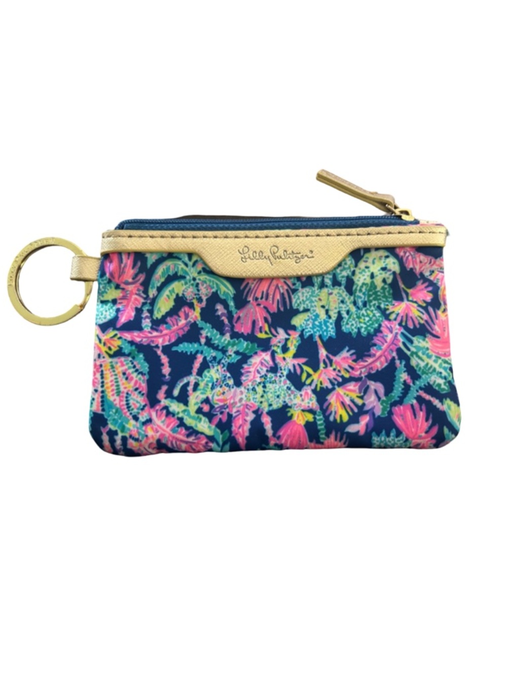 Lilly Pulitzer Navy Floral Keyring Zip Wristlet with Gold Accent